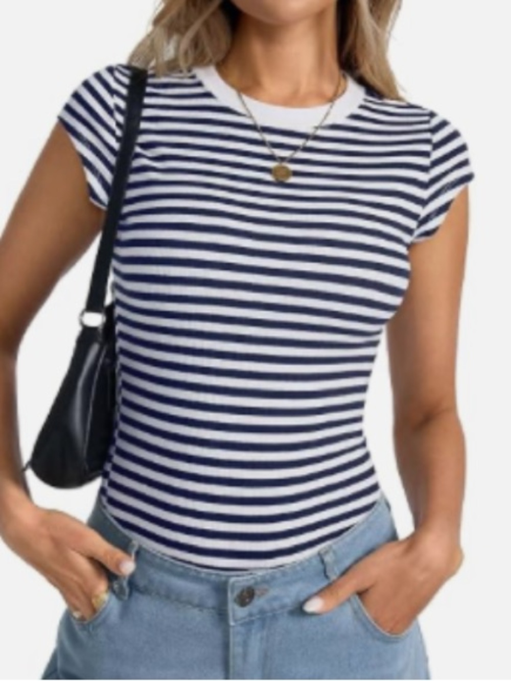 Women’s EasyGala Navy and White Striped Short Sleeve Ribbed Tee - small